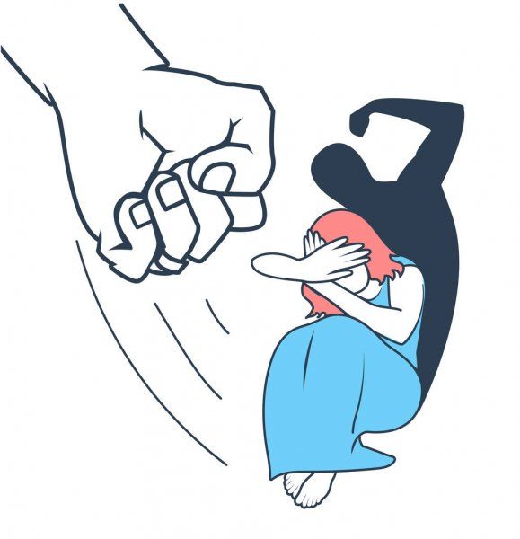 A cartoon image of a woman with her hands up, defending herself from a fist coming towards her.