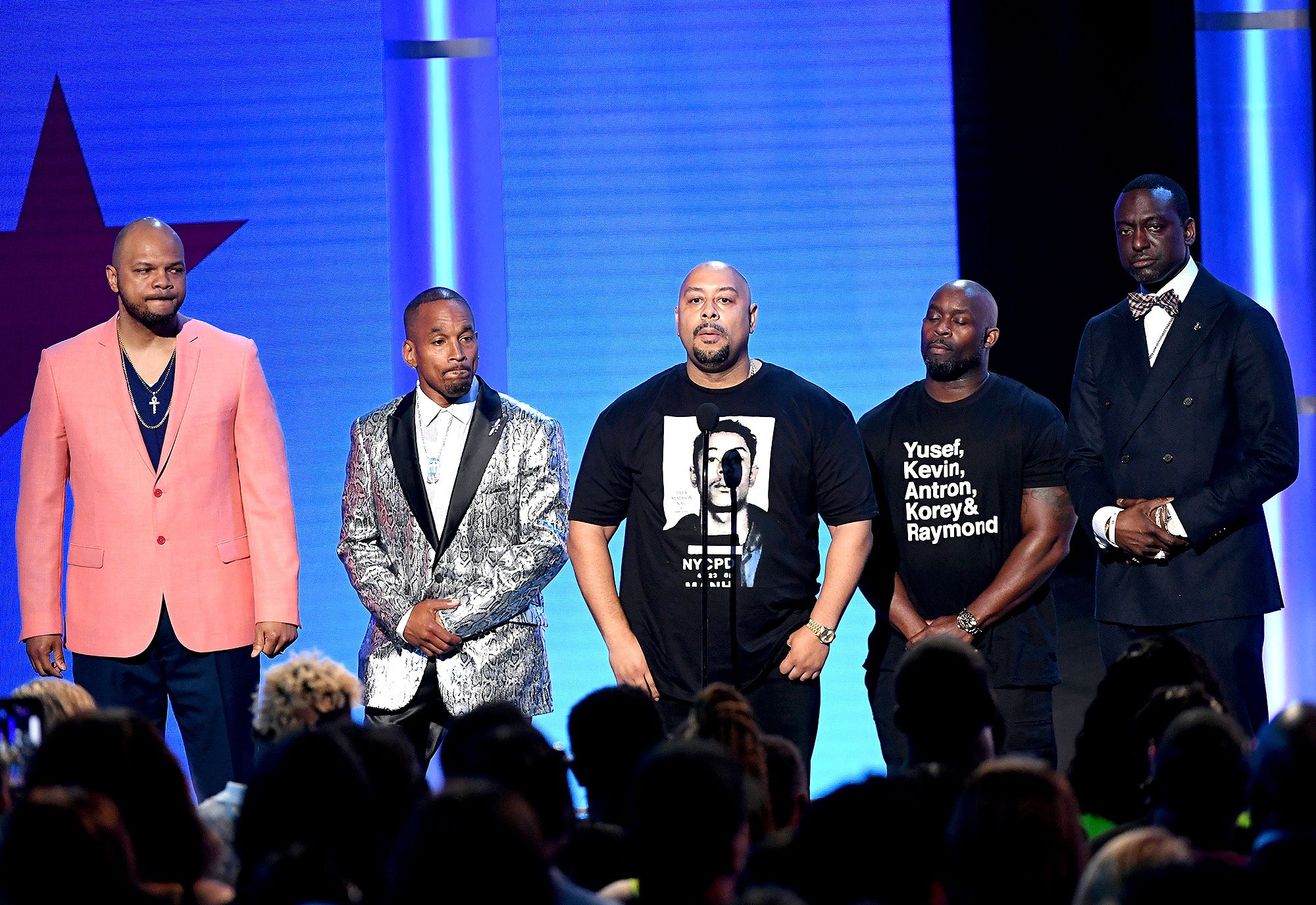 The Exonerated 5 at the BET Awards, from left to right: Kevin Richardson, Korey Wise, Raymond Santana, Antron McCray, and Yusef Salaam.
